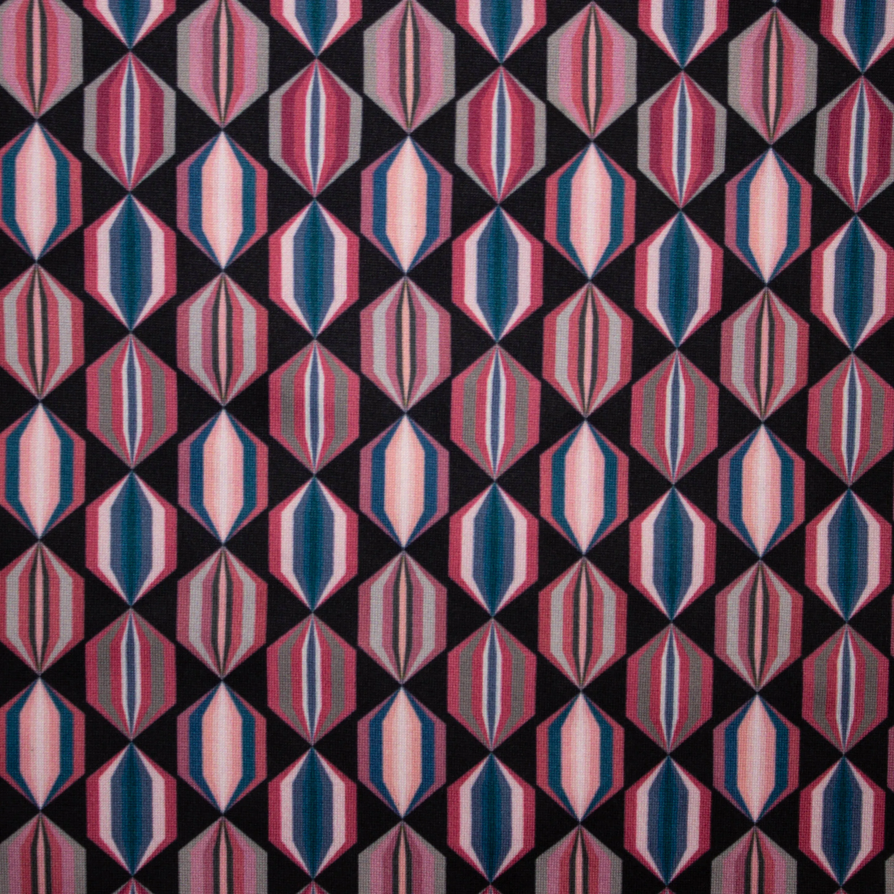 Polyester elastisch met roos en petrolkleurige geometrische figuren